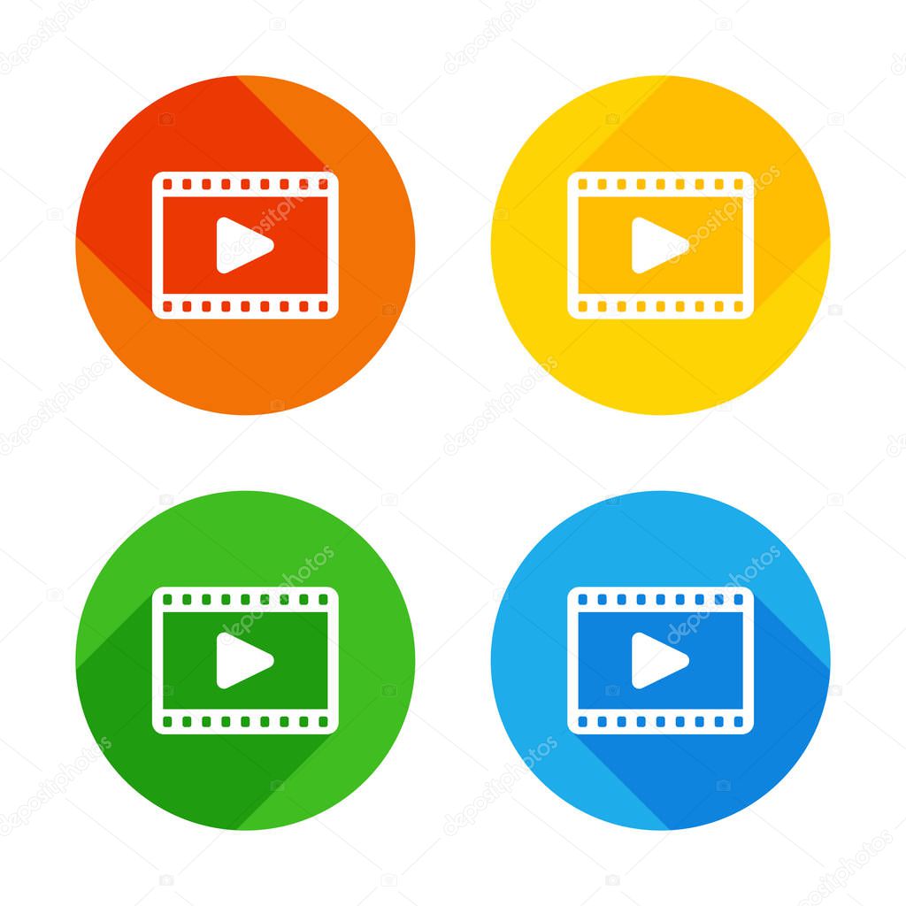 video icon. Flat white icon on colored circles background. Four different long shadows in each corners