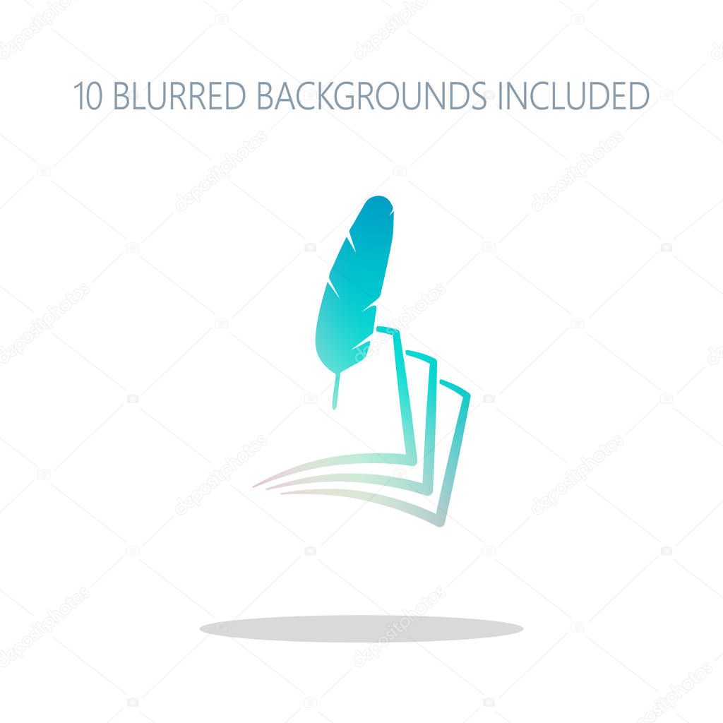 Feather and paper. simple silhouette. Colorful logo concept with simple shadow on white. 10 different blurred backgrounds included