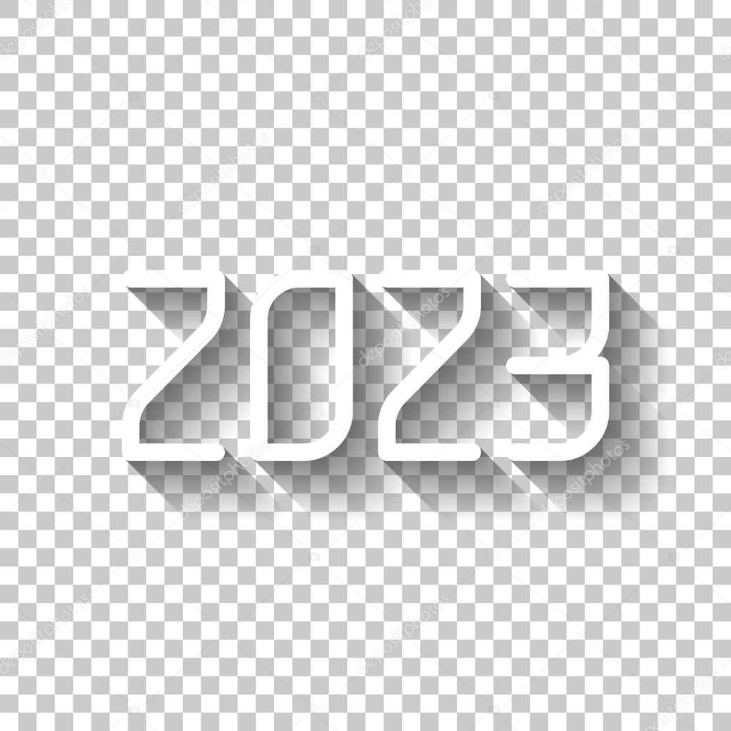 2023 number icon. Happy New Year. White icon with shadow on transparent background