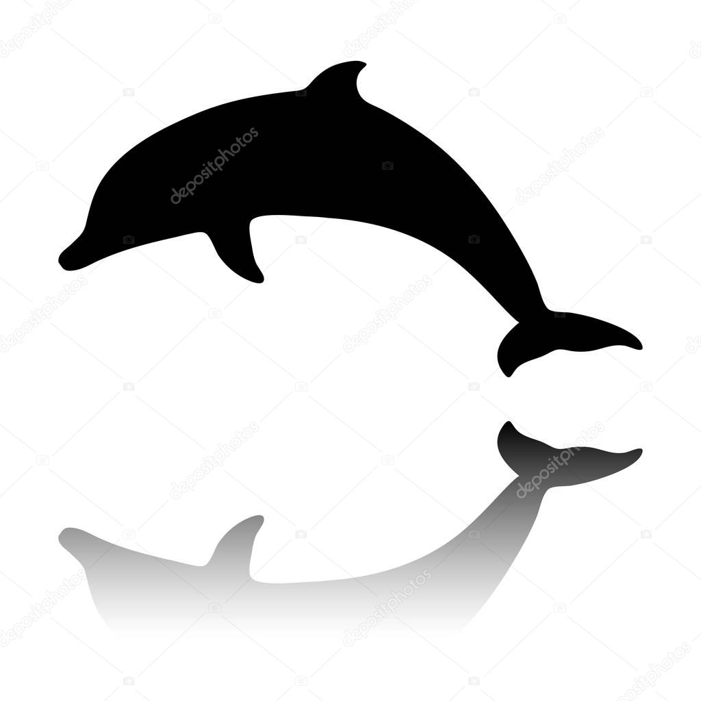 silhouette of dolphin. Black icon with mirror reflection on white background