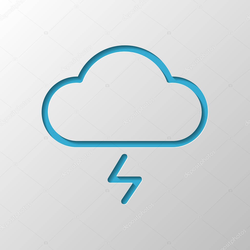 cloud and lightning. simple outline icon. linear symbol with thin outline. Paper design. Cutted symbol with shadow