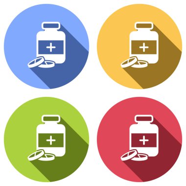 İlaç ve ilaç şişesi. Mavi, turuncu, yeşil ve kırmızı renkli daireler uzun gölge ile beyaz simgeler kümesi. Etiket tarzı