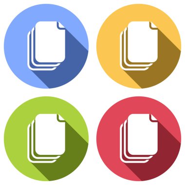 belge. basit siluet. Mavi, turuncu, yeşil ve kırmızı renkli daireler uzun gölge ile beyaz simgeler kümesi. Etiket tarzı