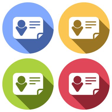 Kimlik kartı simgesi. Mavi, turuncu, yeşil ve kırmızı renkli daireler uzun gölge ile beyaz simgeler kümesi. Etiket tarzı