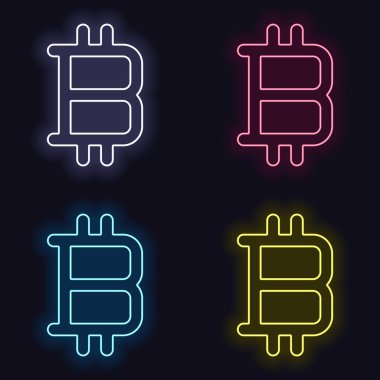 Bitcoin sembolü, basit simgesi. Neon işareti kümesi. Koyu arka plan üzerinde casino tarzı. Seamless modeli