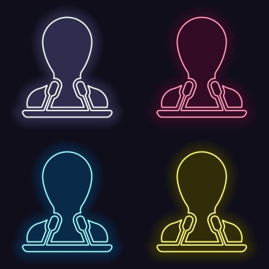 Hoparlör simgesi. Kişi siluet ve mikrofonlar kürsü üzerinde. Neon işareti kümesi. Koyu arka plan üzerinde casino tarzı. Seamless modeli
