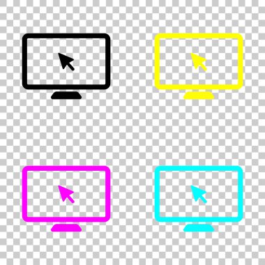 Masaüstü bilgisayar ve fare ok. Basit dijital simgesi. Cmyk simgeleri şeffaf arka plan üzerinde renkli dizi