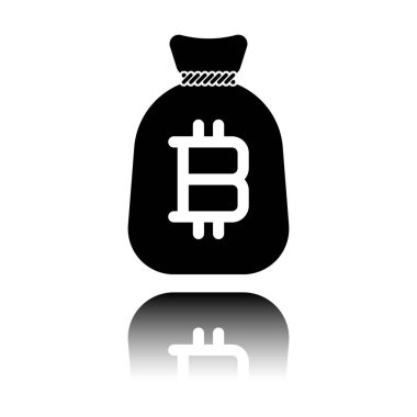 Para çantası ile bitcoin. Tam paran simgesi. Siyah beyaz arka plan ayna yansıması simgesiyle