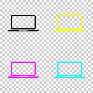 Laptop ya da defter bilgisayar kutsal kişilerin resmi. Cmyk simgeleri şeffaf arka plan üzerinde renkli dizi