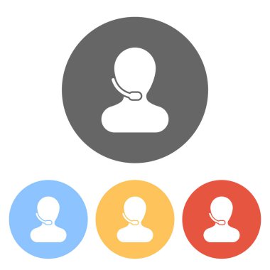 Kişi mikrofon ile. Çağrı merkezi. Renkli daireler üzerinde beyaz simgeler kümesi