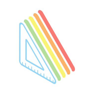 basit üçgen, cetvel. Beyaz arka plan üzerinde renkli izometrik simgeler yığını