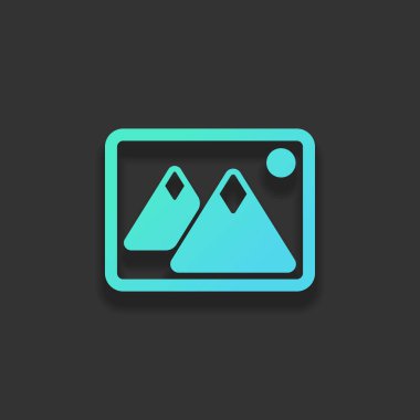 Dağlar ve güneş çift ile hayal et. Basit simgesi. Renkli logo kavramı koyu arka plan üzerinde yumuşak gölge ile. Masmavi okyanus rengini simgesi