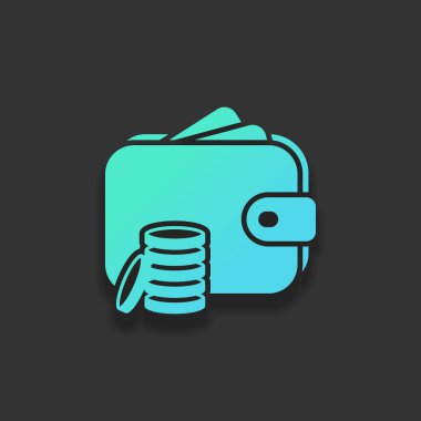 M-cüzdan ve madeni paralar, çanta para ile. Renkli logo kavramı koyu arka plan üzerinde yumuşak gölge ile. Masmavi okyanus rengini simgesi