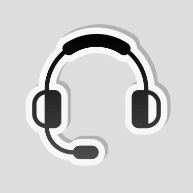 Kulaklık mikrofon ile. Servisini destekleyen. Basit simgesi. Etiket tarzı ile beyaz ve gri arka plan üzerinde basit gölge