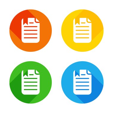 metin ve yer işareti belge. Renkli daireler arka plan düz beyaz simgesi. Dört farklı uzun gölgeler her köşe