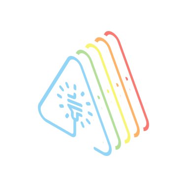 Uyarı üçgeni içinde LED lamba. İnce anahat ile doğrusal simgesi. Bir çizgi stili. Beyaz arka plan üzerinde renkli izometrik simgeler yığını