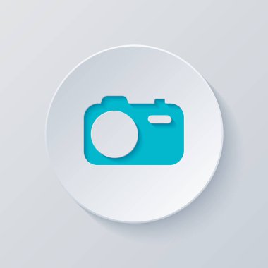 Basit fotoğraf makinesi. Teknoloji simgesi. Gri ve mavi katmanları ile daire kes. Kağıt tarzı