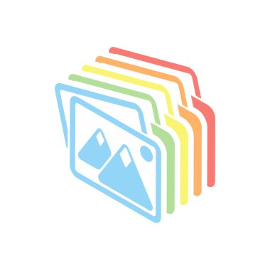 Birkaç dağlar ve güneş ile fotoğraf yığını. Basit simgesi. Beyaz arka plan üzerinde renkli izometrik simgeler yığını