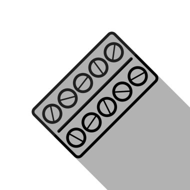 Paketi hapları simgesi. Uzun gölge beyaz arka planda siyah nesnesiyle