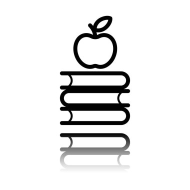 Elma üstünde kitap kutsal kişilerin resmi. Bilgi logosunu görmeniz gerekir. Siyah beyaz arka plan ayna yansıması simgesiyle