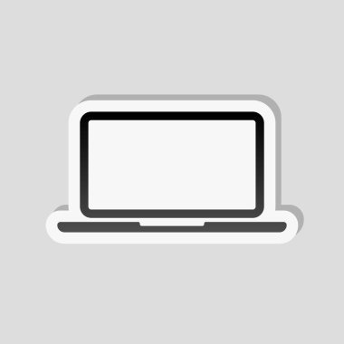 Laptop ya da defter bilgisayar kutsal kişilerin resmi. Etiket tarzı ile beyaz ve gri arka plan üzerinde basit gölge