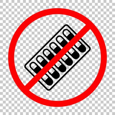 Paketi hapları simgesi. Siyah kırmızı uyarı işareti şeffaf arka plan ile nesnesinde izin yok