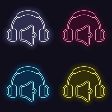 Kulaklık ve ses seviyesini. Ses seviyesini sessiz. Basit simgesi. Neon işareti kümesi. Koyu arka plan üzerinde casino tarzı. Seamless modeli