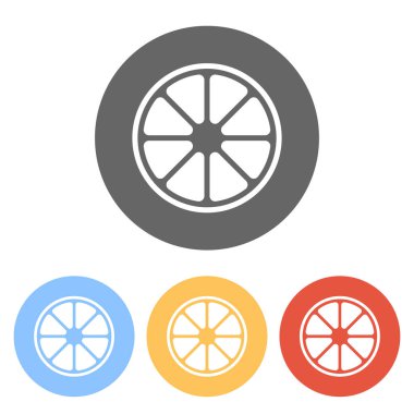 Bütün limon ya da portakal. Basit simgesi. Renkli daireler üzerinde beyaz simgeler kümesi