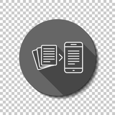 Elektronik belge dönüştürün. Saydam arka plan üzerinde bir dairede uzun gölge beyaz düz simgesi. Rozet veya etiket stili