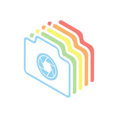 Fotoğraf makinesi, ince anahat, basit simgesi ile doğrusal sembolü. Beyaz arka plan üzerinde renkli izometrik simgeler yığını