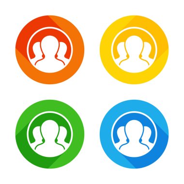 Daire, kaç kişi takımı. Renkli daireler arka plan düz beyaz simgesi. Dört farklı uzun gölgeler her köşe