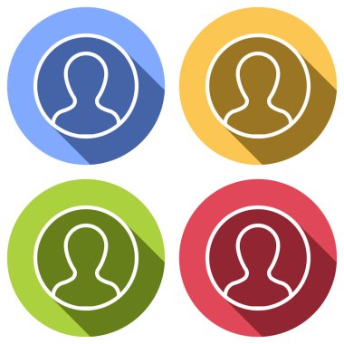 Profil, kişi bir dairede. Mavi, turuncu, yeşil ve kırmızı renkli daireler uzun gölge ile beyaz simgeler kümesi. Etiket tarzı