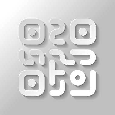 QR kodu. Teknoloji simgesi. Basit bir logo. Kağıt tarzı ile gölge gri arka plan üzerinde
