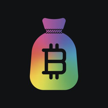 Para çantası ile bitcoin. Tam paran simgesi. Gökkuşağı rengi ve koyu arka plan