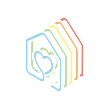 kalp simgesi olan ev. çizgi stili. Beyaz arka plan üzerinde renkli izometrik simgeler yığını