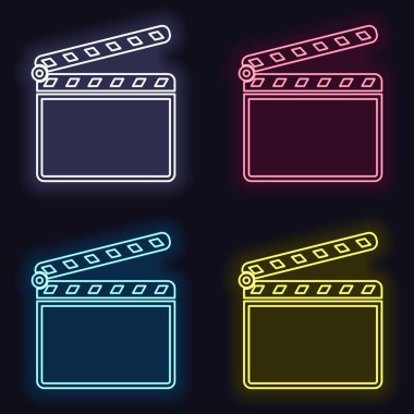 Film bel soğukluğu kurulu sinema açık simgesi. Moda neon işareti kümesi. Koyu arka plan üzerinde casino tarzı. Seamless modeli