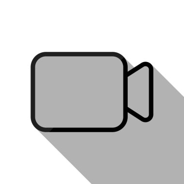 Video kamera simgesi. Doğrusal, ince anahat. Uzun gölge beyaz arka planda siyah nesnesiyle