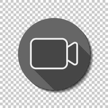 Video kamera simgesi. Doğrusal, ince anahat. düz simgesi, uzun gölge, daire, şeffaf ızgara. Rozet veya etiket stili