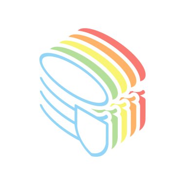 Basit veritabanı korumak. Doğrusal, ince anahat. Beyaz arka plan üzerinde renkli izometrik simgeler yığını