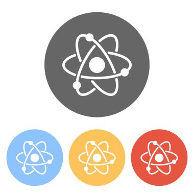 bilimsel atom sembolü, basit simgesi. Renkli daireler üzerinde beyaz simgeler kümesi