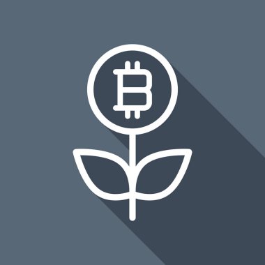 Para çiçek ile bitcoin. Para ağacını. İnce anahat ile doğrusal simgesi. Uzun Gölge arka plan üzerinde beyaz düz simgesi