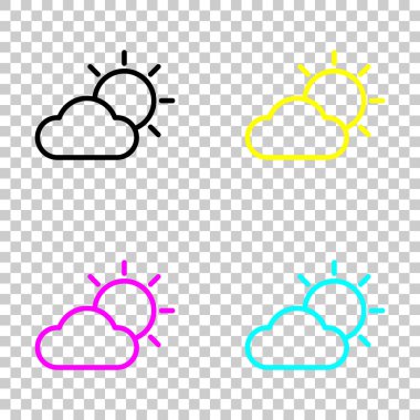 Güneş ve bulut. Hava sembolü. İnce anahat ile doğrusal simgesi. Cmyk simgeleri şeffaf arka plan üzerinde renkli dizi