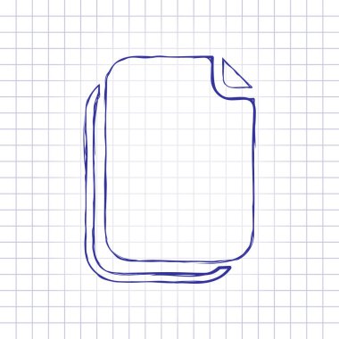 belge basit simgesi. Elle çizilmiş resim kağıt sayfası. Mavi mürekkep, anahat kroki tarzı. Damalı zemin üzerine doodle