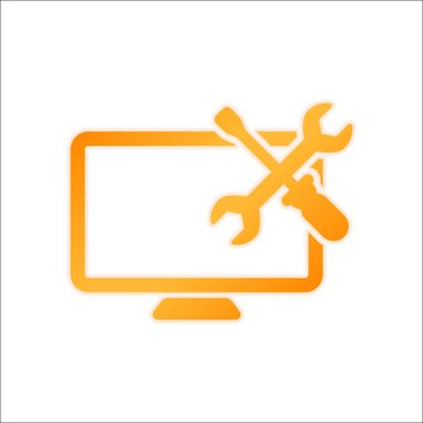 Bilgisayar onarım servisi. Portakal işareti beyaz arka plan üzerinde düşük ışık ile