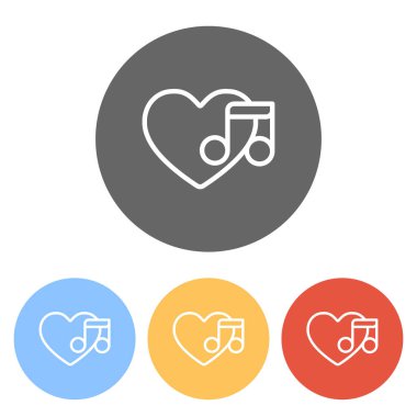 Duydum ve dikkat, favori müzik. İnce anahat ile doğrusal simgesi. Renkli daireler üzerinde beyaz simgeler kümesi