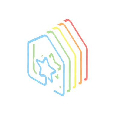 yıldız simgesi olan ev. çizgi stili. Beyaz arka plan üzerinde renkli izometrik simgeler yığını