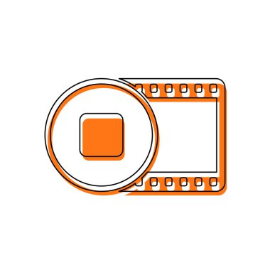 Film şeridi daire durak simgesiyle. basit siluet. İzole simge siyah ince dağılımı ve farklı katmanlarda doldurma taşındı turuncu oluşan. Beyaz arka plan