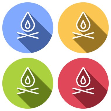 alev ateş. basit siluet. Mavi, turuncu, yeşil ve kırmızı renkli daireler uzun gölge ile beyaz simgeler kümesi. Etiket tarzı