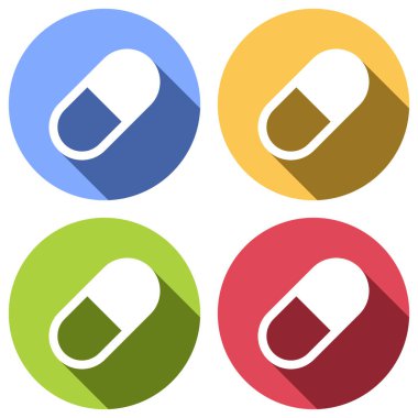 hap ya da vitamin basit sembolü. Mavi, turuncu, yeşil ve kırmızı renkli daireler uzun gölge ile beyaz simgeler kümesi. Etiket tarzı