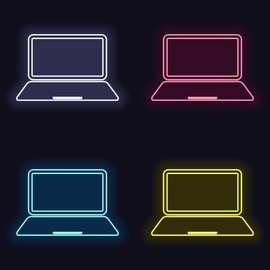 Laptop ya da defter bilgisayar kutsal kişilerin resmi. Neon işareti kümesi. Koyu arka plan üzerinde casino tarzı. Seamless modeli
